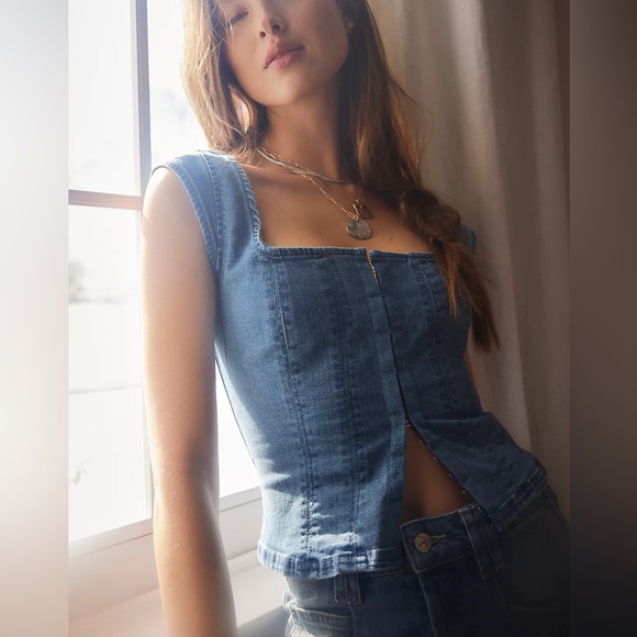 Free People Denim Corset Tank Top in Light Blue - Picture 2 of 3